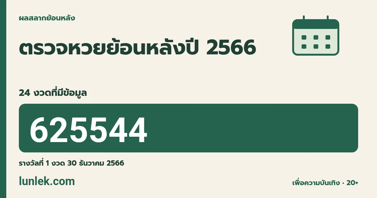 ผลสลากย้อนหลังปี 2566 รวม 24 งวดที่มีข้อมูล รางวัลที่ 1 งวด 30 ธันวาคม 2566 คือ 625544